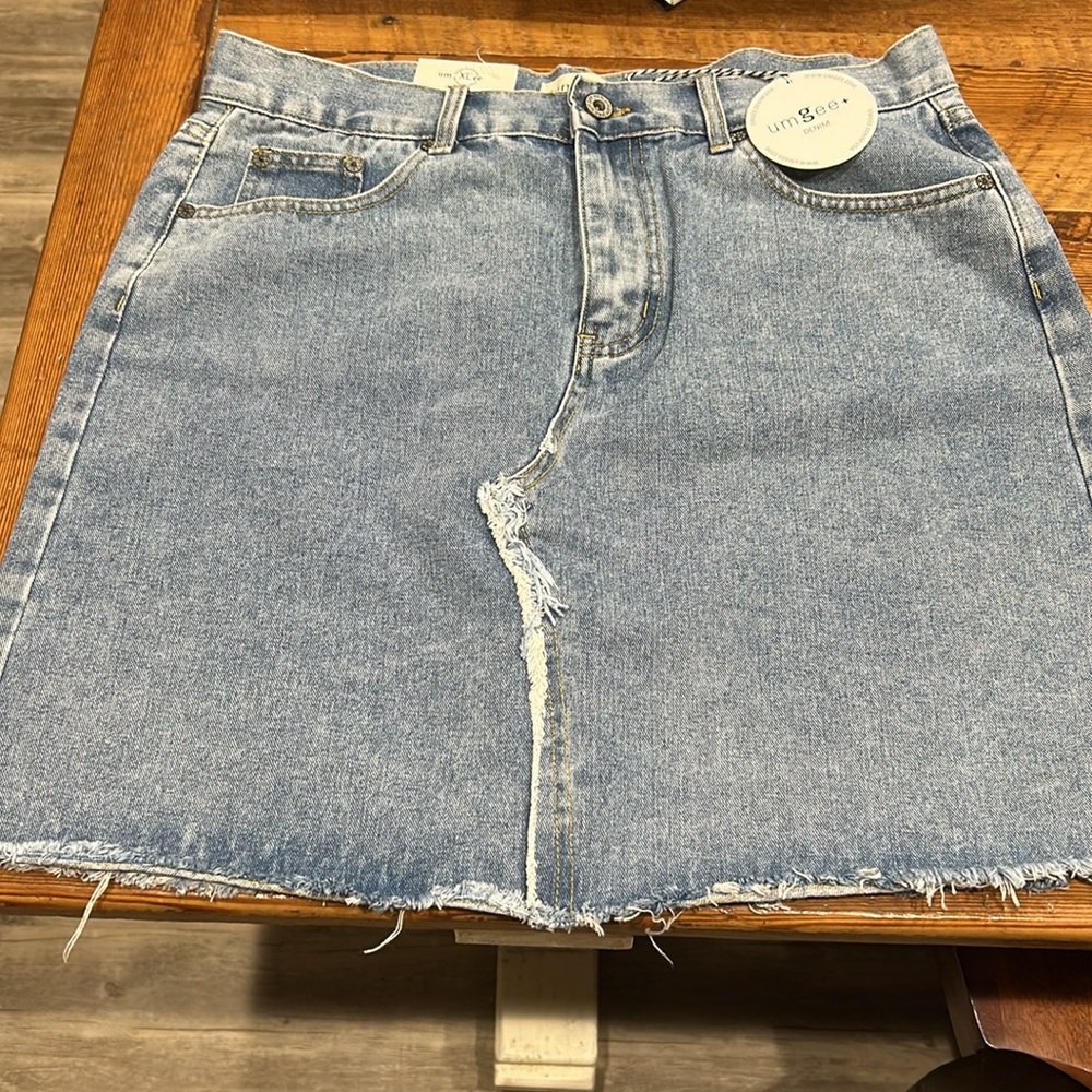 Umgee Light Blue Denim Skirt with Frayed Detail